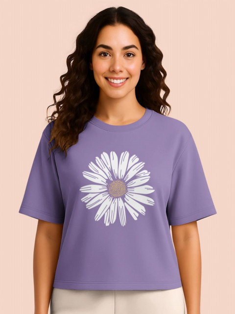HELLCAT Floral Printed Round Neck Oversized Crop T-shirt