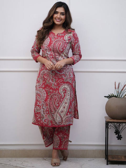 PHYSIL Paisley Printed Notch-Neck Pure Cotton Straight Kurta With Trousers