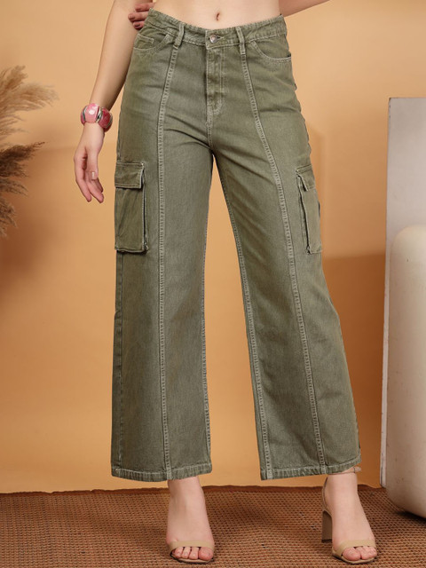 COSMIC Women Flared Mid-Rise Pure Cotton Cargos Jeans