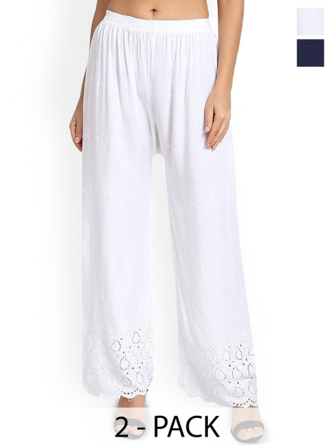 SRISARAS Women Pack Of 2 Ethnic Motifs Embroidered Wide Leg Cotton Palazzos