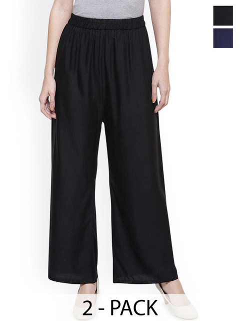 SRISARAS Women Pack Of 2 Wide Leg Fit Elasticated Cotton Palazzos