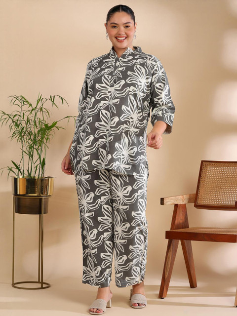 ISHQY Floral Printed Pure Cotton Plus Size Top With Palazzos Co-Ords