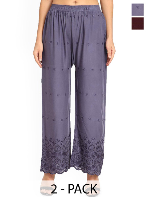 SRISARAS Women Pack of 2 Ethnic Motifs Embroidered Flared Cotton Palazzos