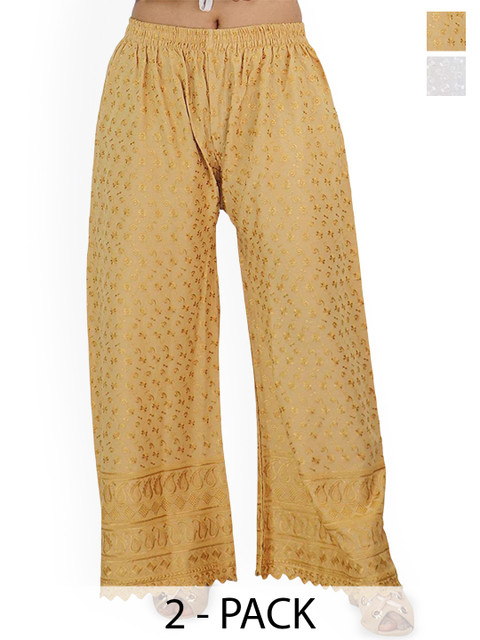 SRISARAS Women Pack of 2 Ethnic Motifs Embroidered Flared Cotton Palazzos