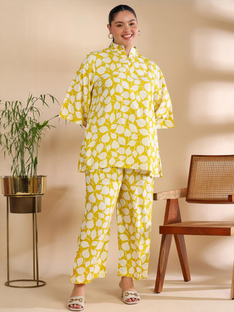 ISHQY Printed Pure Cotton Plus Size Mandarin Collar Top with Palazzos Co-Ords