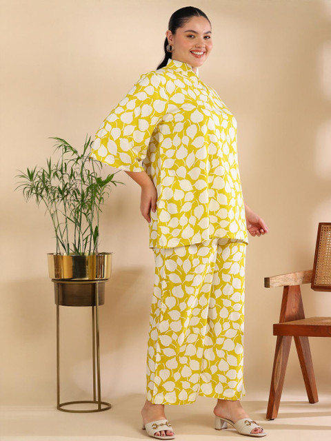 ISHQY Printed Pure Cotton Plus Size Mandarin Collar Top with Palazzos Co-Ords - Image 4