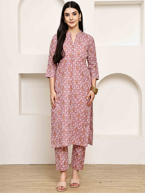 KALINI Jaipuri Printed Cotton Mandarin-Neck Tunic With Trousers Co-Ords