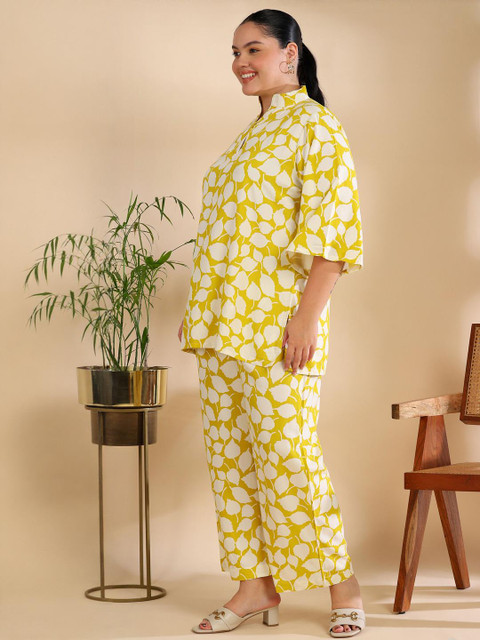 ISHQY Printed Pure Cotton Plus Size Mandarin Collar Top with Palazzos Co-Ords - Image 2