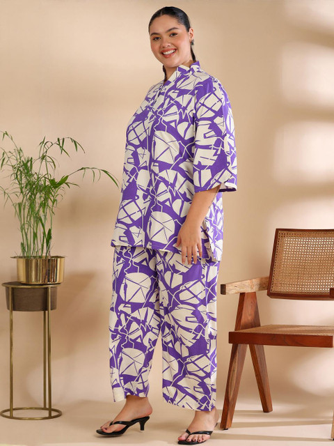 ISHQY Plus Size Printed Pure Cotton Round Neck Top With Palazzos Co-Ords - Image 4