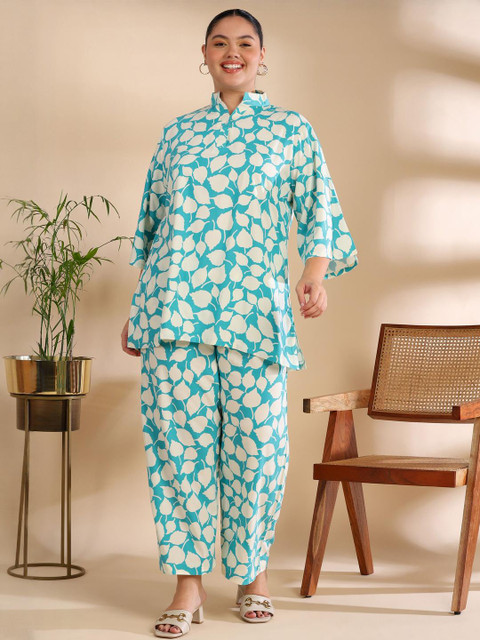 ISHQY Printed Pure Cotton Mandarin Collar Plus Size Tunic With Trouser Co-Ords