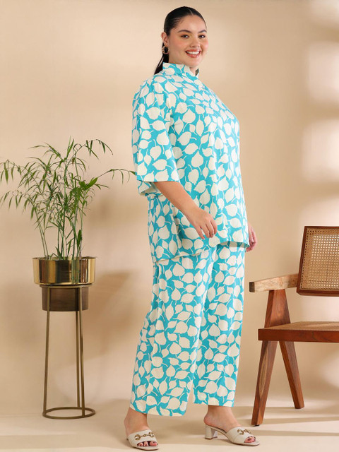 ISHQY Printed Pure Cotton Mandarin Collar Plus Size Tunic With Trouser Co-Ords - Image 6