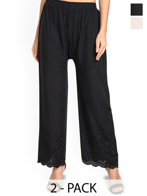 SRISARAS Women Pack Of 2 Ethnic Motifs Embroidered Wide Leg Cotton Palazzos