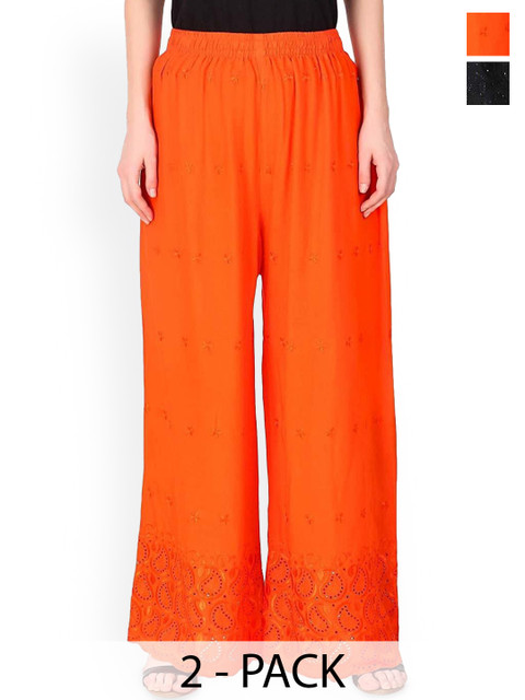 SRISARAS Women Pack of 2 Ethnic Motifs Embroidered Flared Knitted Ethnic Palazzos