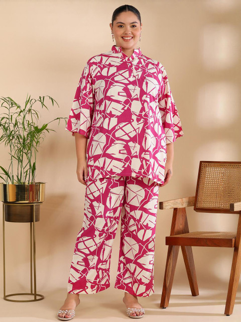 ISHQY Plus Size Floral Printed Pure Cotton Tunic With Trousers Co-Ords