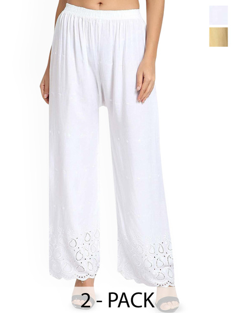 SRISARAS Women Pack Of 2 Ethnic Motifs Embroidered Cotton Palazzos