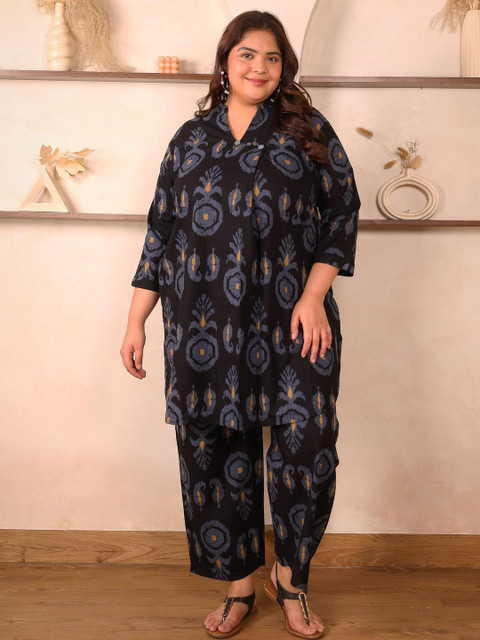 Indietoga Women's Plus Size Motifs Print Pure Cotton Tunic With Trousers Co-Ord Set