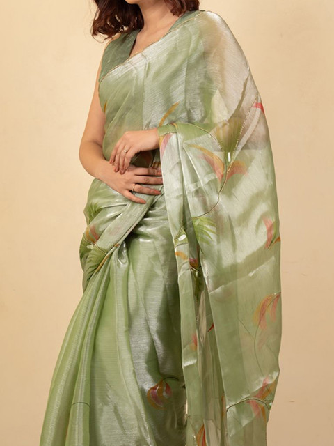KALINI Floral Printed Jimmy Choo Organza Saree - Image 5