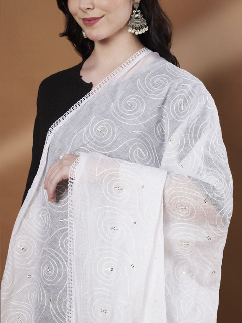Zamour Floral Embroidered Sequinned Pure Cotton Dupatta - Image 2