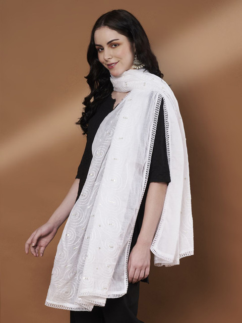 Zamour Floral Embroidered Sequinned Pure Cotton Dupatta - Image 3