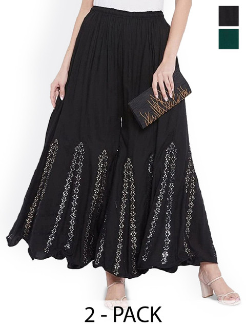 SRISARAS Women Pack Of 2 Floral Embroidered Flared Fit Ethnic Palazzos
