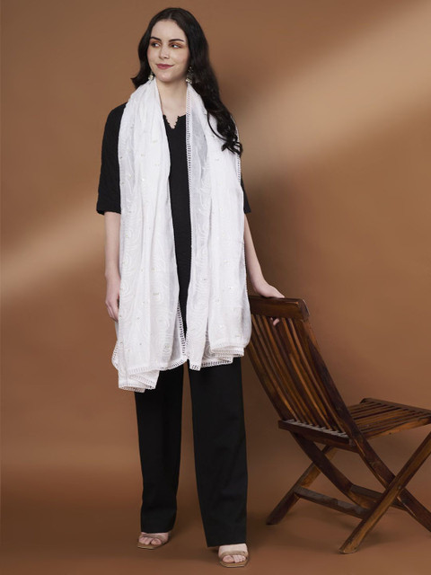 Zamour Floral Embroidered Sequinned Pure Cotton Dupatta - Image 5