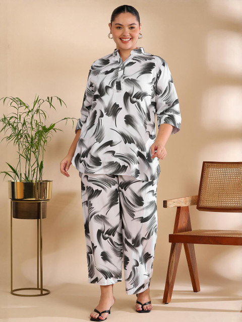 ISHQY Plus Size Printed Pure Cotton Top With Palazzos Co-Ords