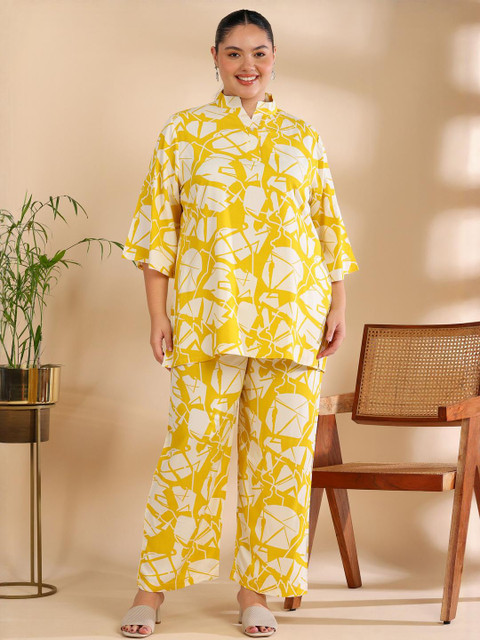 ISHQY Plus Size Floral Printed Pure Cotton Top With Palazzos Co-Ords