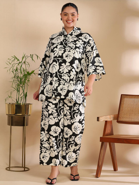 ISHQY Plus Size Floral Printed Pure Cotton Top With Palazzos Co-Ords