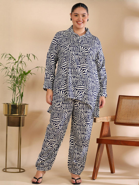 ISHQY Plus Size Printed Pure Cotton Top With Palazzos Co-Ords
