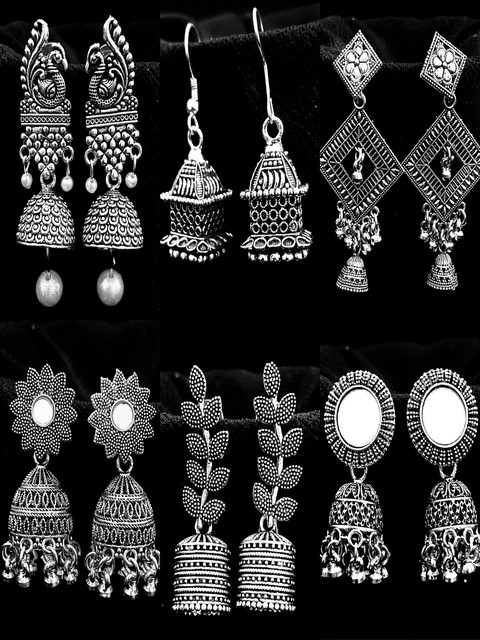 ANNORA INTERNATIONAL Women Silver Pair Of 6 Silver-Plated Floral Jhumka Oxidized Earrings