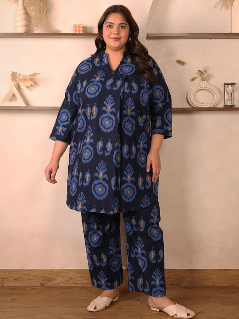 Indietoga Women's Plus Size Motifs Print Pure Cotton Tunic With Trousers Co-Ord Set