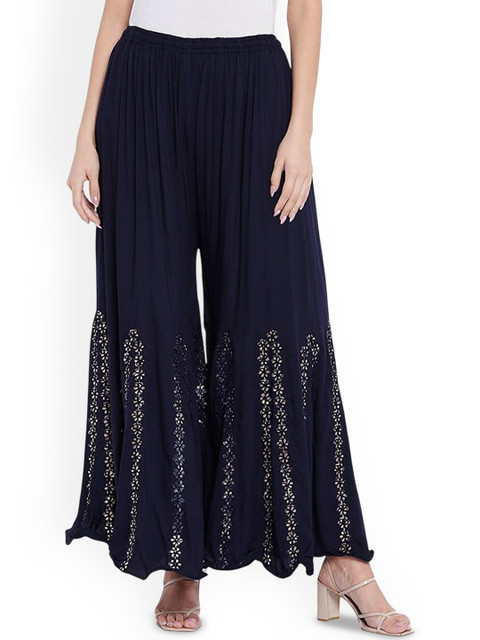 SRISARAS Women Floral Embroidered Flared Fit Cotton Palazzos