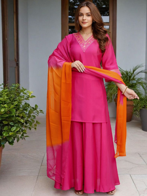 SZN Floral Embroidered V-Neck Straight Kurta With Palazzos & Dupatta