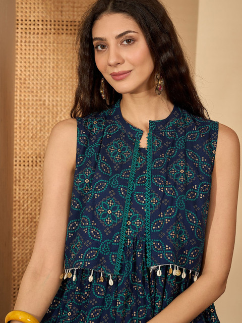 Sangria Women Bandhani Printed Tiered Fit and Flare Midi Dress with Ethnic Jacket