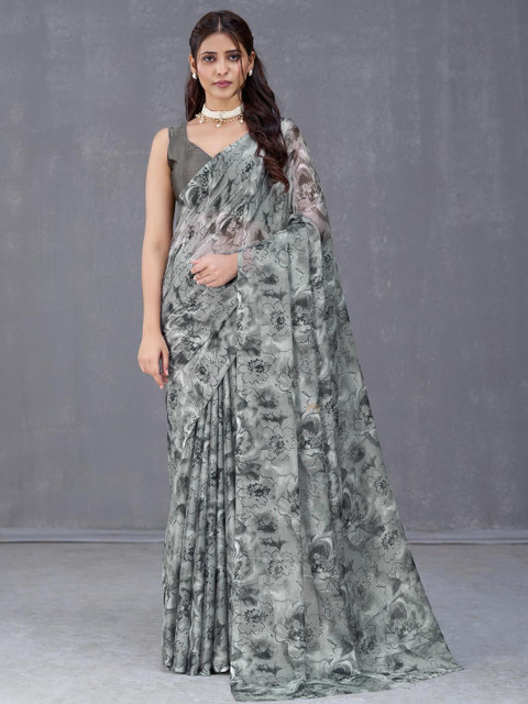 Garden Vareli Floral Printed Pure Chiffon Saree with Unstitched Blouse Piece