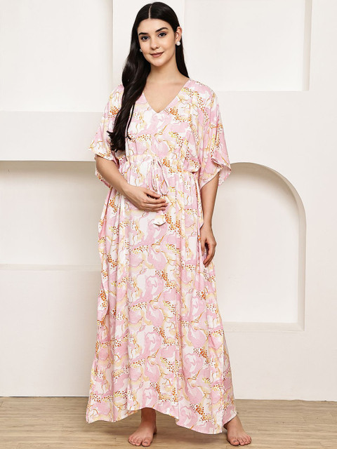 Secret Wish Women Printed V-Neck Maternity Maxi Kaftan Nightdress