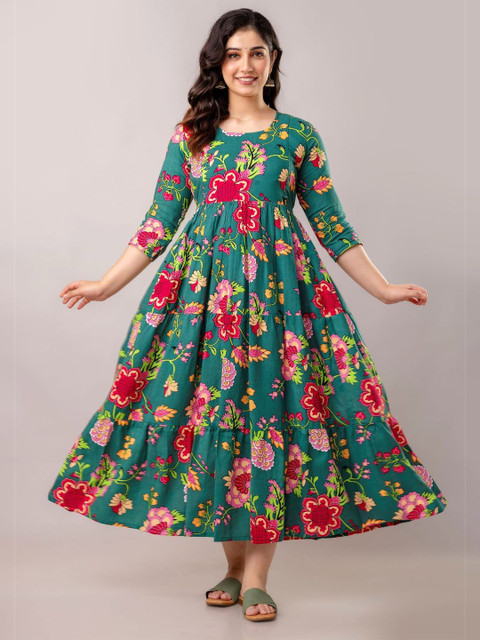 KALINI Women Floral Printed Mirror Work Maternity Anarkali Kurta