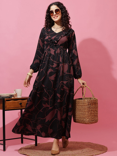 De La Moda Women V-Neck Floral Print Fit & Flare Dress