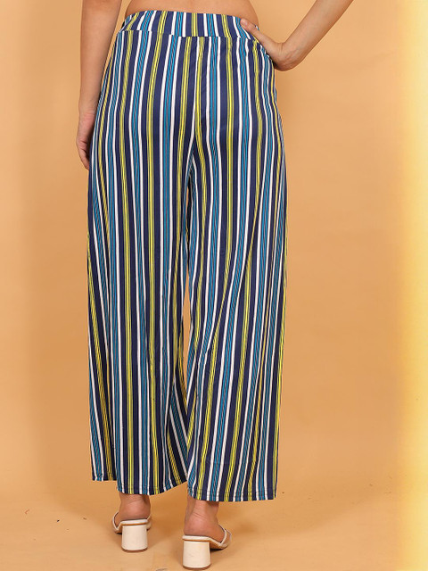 Mytrendzs Women Blue And Yellow Striped Palazzo with Belt & Dual Side Pockets - Image 3