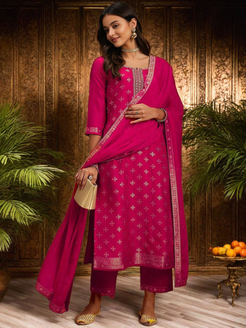 Twika Women Floral Woven Design Kurta with Trousers & Dupatta