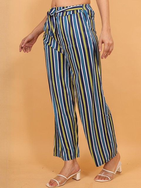 Mytrendzs Women Blue And Yellow Striped Palazzo with Belt & Dual Side Pockets - Image 7
