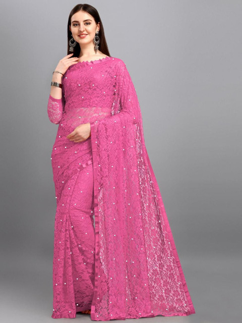 LOROFY Women Ethnic Motifs Embroidered Beads Net Saree with Unstitched Blouse