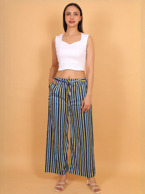 Mytrendzs Women Blue And Yellow Striped Palazzo with Belt & Dual Side Pockets - Image 2