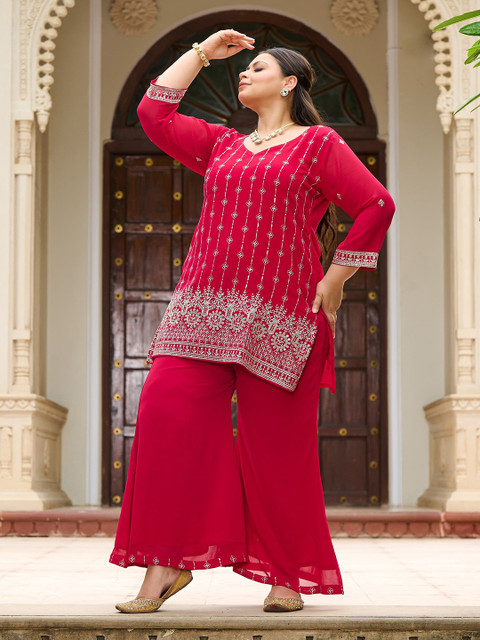 PrettyPlus by Desinoor.com Embroidered V-Neck Plus Size Tunic With Palazzo Co-Ords - Image 4