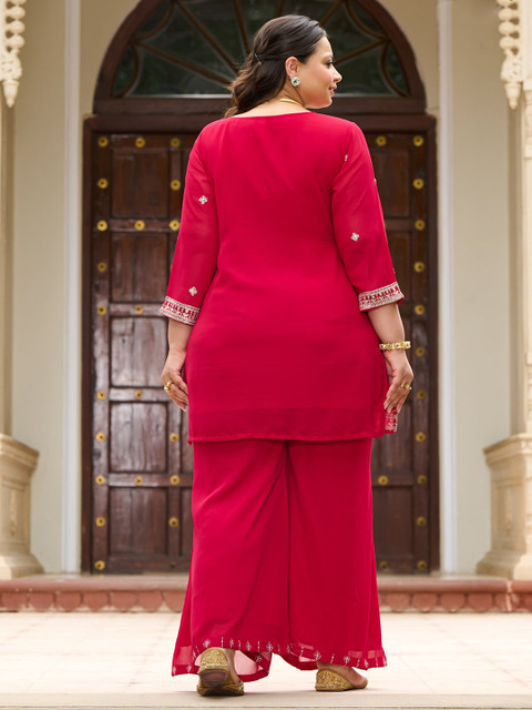 PrettyPlus by Desinoor.com Embroidered V-Neck Plus Size Tunic With Palazzo Co-Ords - Image 5