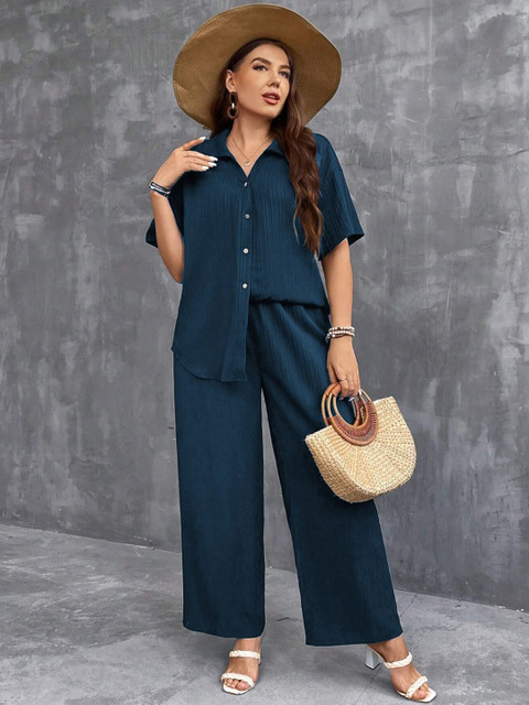 Oh Rare Women Lune Plus Size Solidn Shirt & Trousers Co-Ords Set