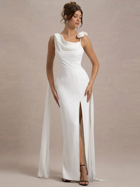 TRAQUILA Women Cowl Neck Applique Backless Georgette Maxi Party Dress With Slits