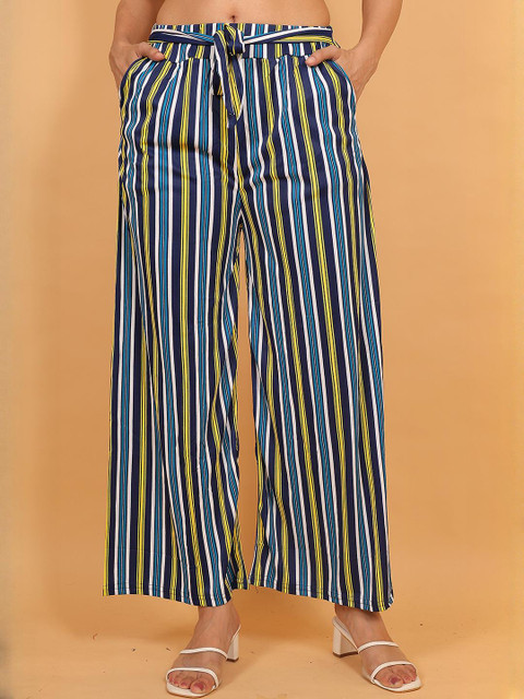 Mytrendzs Women Blue And Yellow Striped Palazzo with Belt & Dual Side Pockets - Image 6