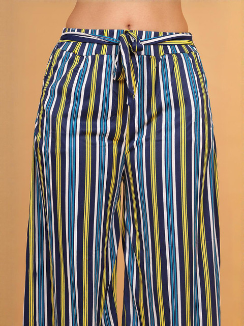 Mytrendzs Women Blue And Yellow Striped Palazzo with Belt & Dual Side Pockets - Image 4