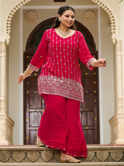 PrettyPlus by Desinoor.com Embroidered V-Neck Plus Size Tunic With Palazzo Co-Ords - Image 6